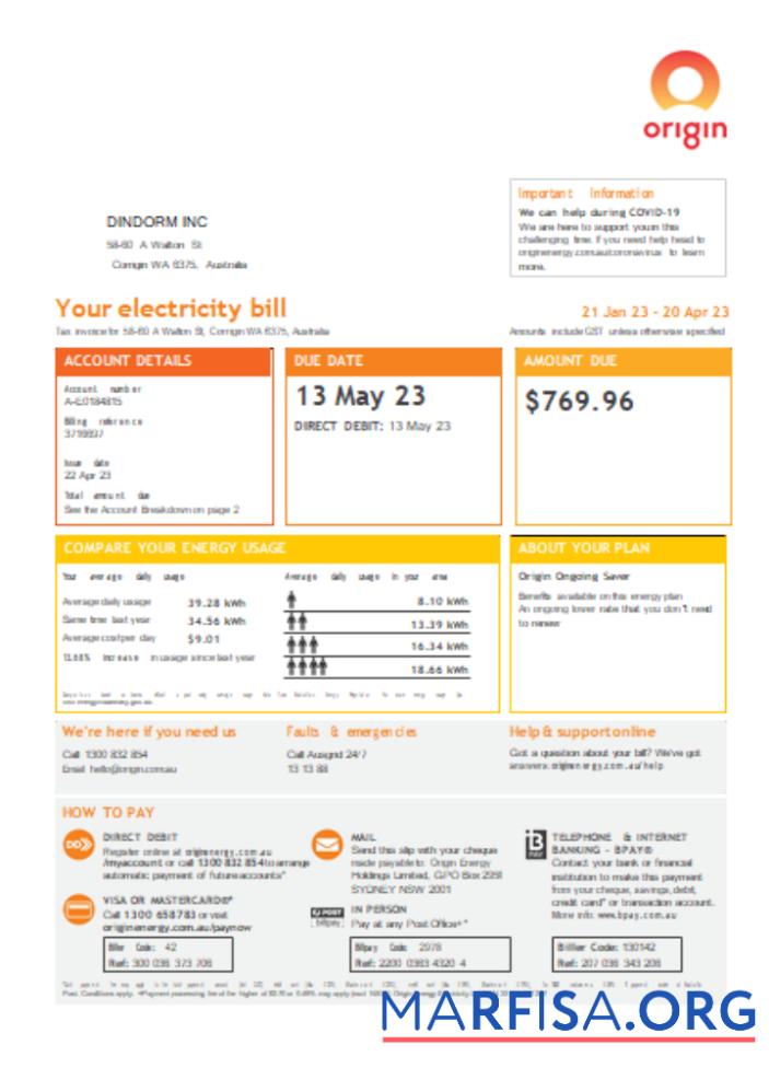 Downloadable Origin utility business bill, page 1 SCR download for verification